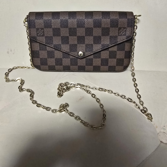 Source Unknown Brown Checkered Clutch with Gold Chain - Picture 1 of 5